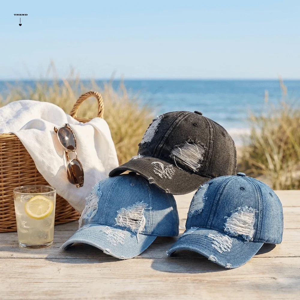 Retro Ripped Washed Denim Baseball Cap Frayed Soft Duckbill Curved Qme