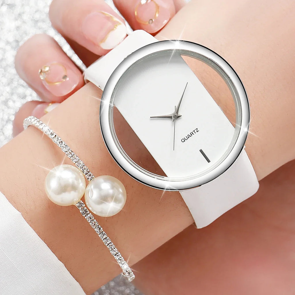 2PCS/Set Women's Watch Pearl Diamond Bracelet Set Fashion Hollow Dial Leather Band Quartz Watches Qme