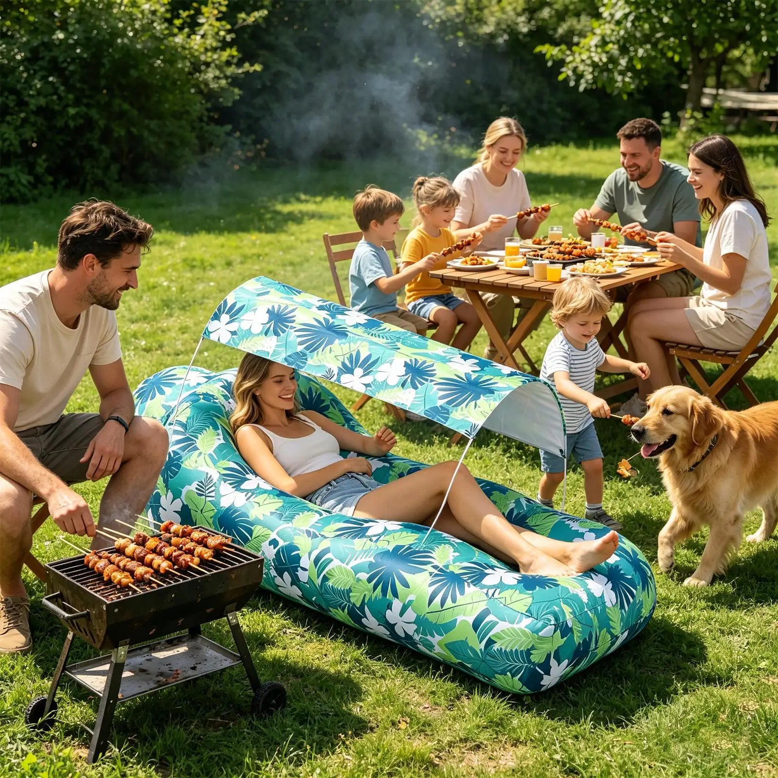 Beach Inflatable Lounger Pool Air Sofa With Sun Shade Easy To Set Up Hiking Lounger For Outdoor Camping Hiking Picnic Vacation Qme