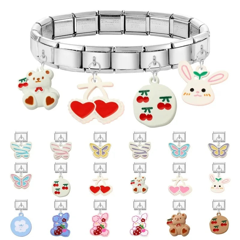 2025 Wholesale Cute Cartoon Rabbit Bear Pendant Italian Charm Links Fit 9mm Stainless Steel Bracelet Women DIY Making Jewelry Qme