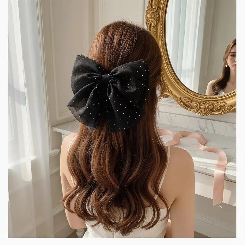 Elegant Temperament Mesh Hair Clip Woman Rhinestone Large Bow Hairpin Qme