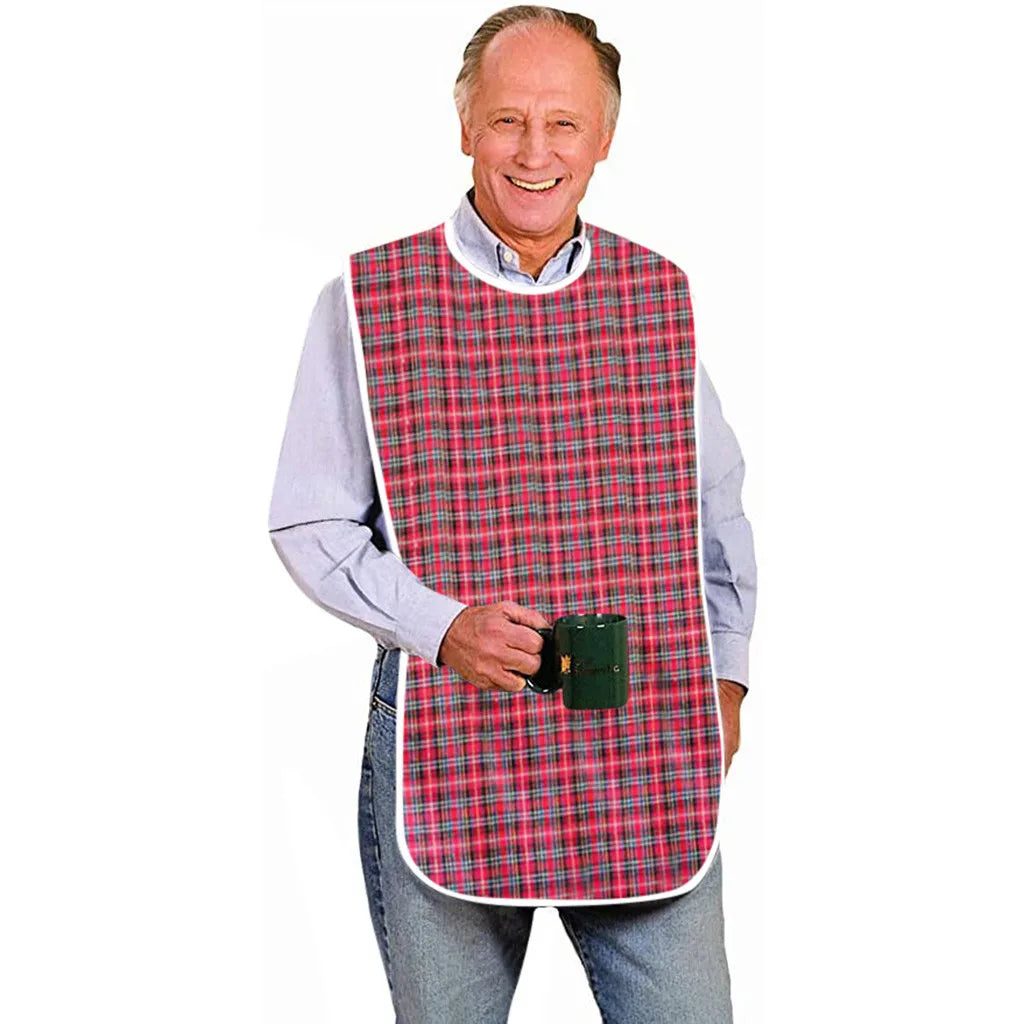 Adult Waterproof Mealtime Bib Plaid Reusable Wearing Clothes Protector Bib Multiuse Senior Bib Drooling Handkerchief Qme Red OneSize