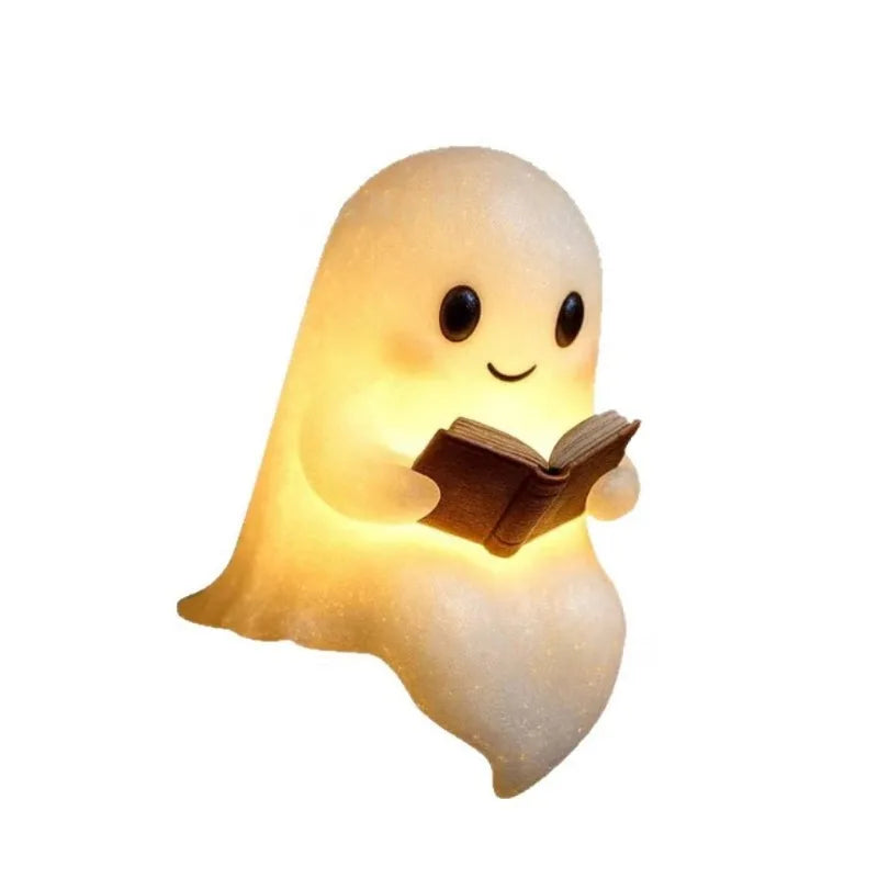 Cute Ghost Reading Book Night Light Spooky Halloween Decor Bedroom Qme
