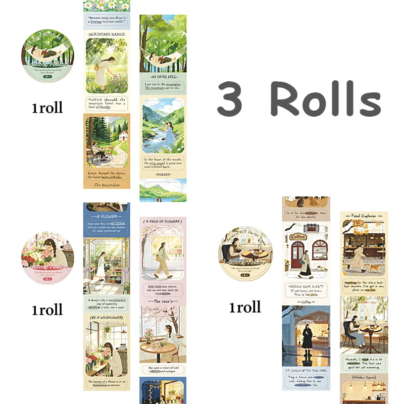 3 Rolls Four Seasons Scenery & Figure Washi Tape, Art Journal Background Supplies, Versatile High-Value Stationery, Qme A