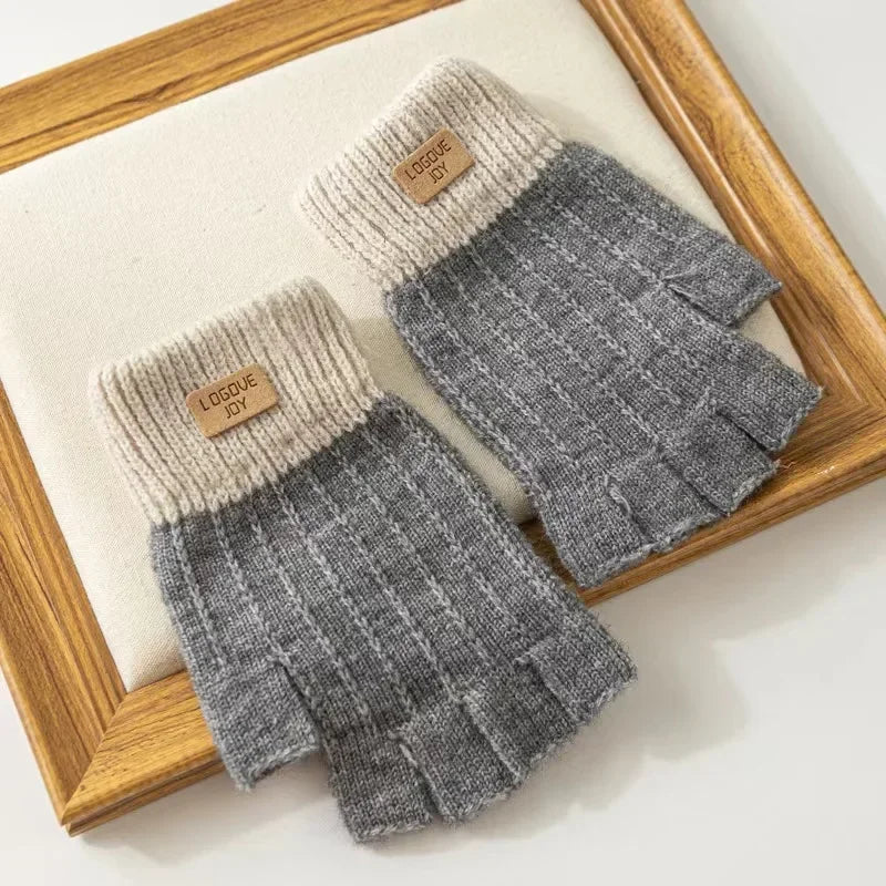 2024 Men Winter Fingerless Half Finger Knitted Gloves Office Warm Qme grey