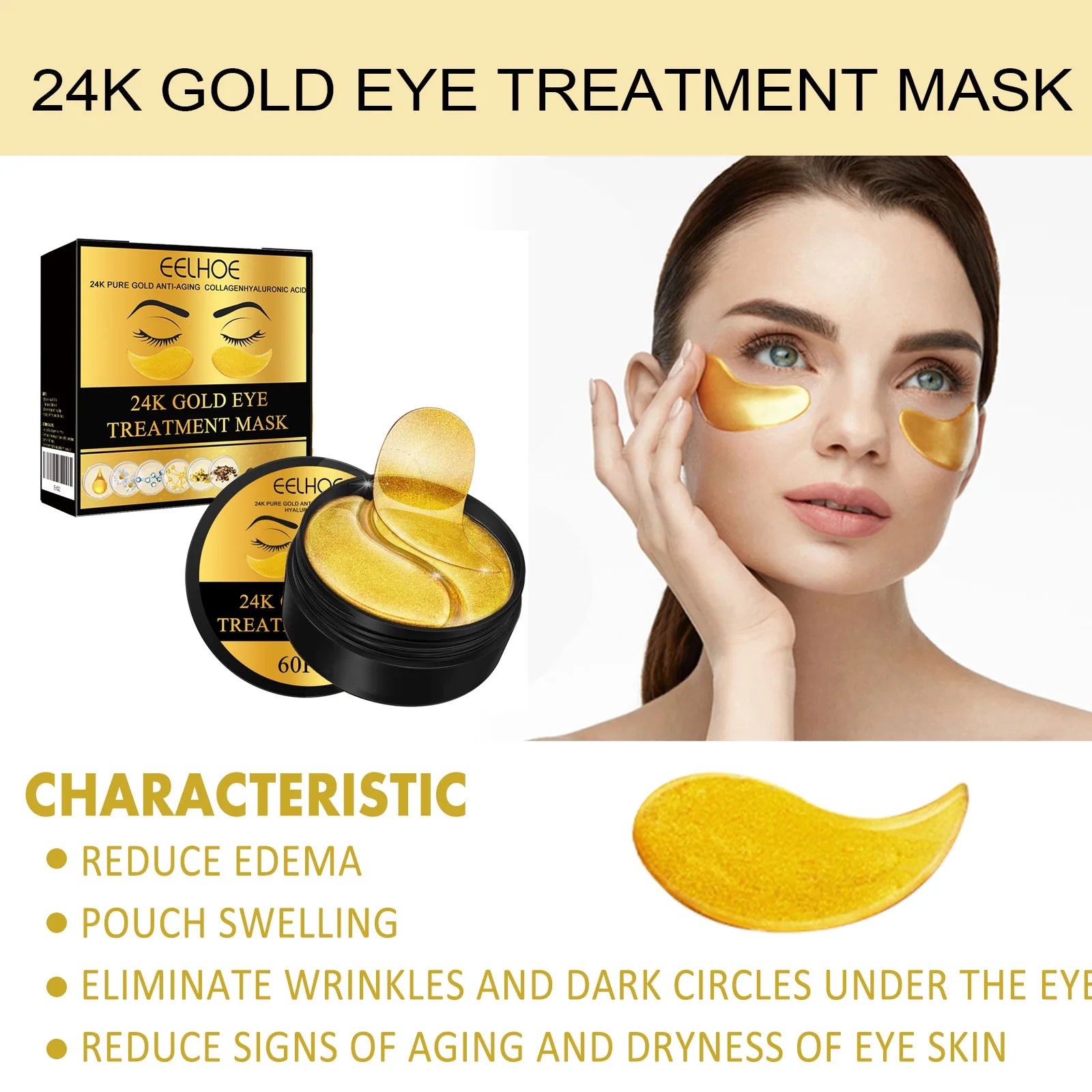 24K Gold Eye Treatment Mask Remove Dark Eye Circles Firming Fade Fine Lines Anti-Aging Hyaluronic Acid Collagen Under Eye Mask Qme