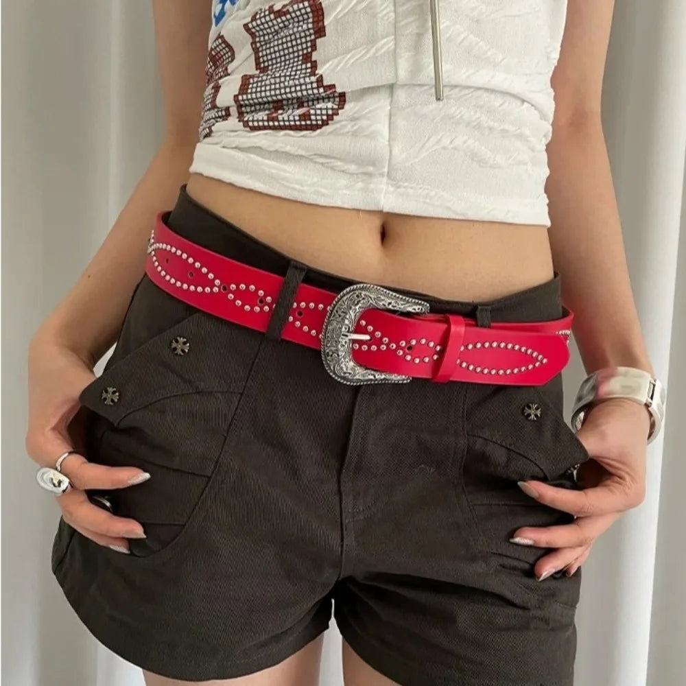 Fashion Rhinestone Women's Belt PU Leather Ethnic Style Rivet Waist Belt Punk Gothic Dress Jeans Belt Daily Qme Red