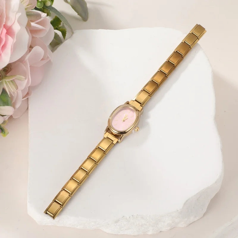 Fashion Women's Stainless Steel Round Blush Watch DIY High Quality Watch Bracelet Bangle For Party Friend Birthday Jewelry Gifts Qme