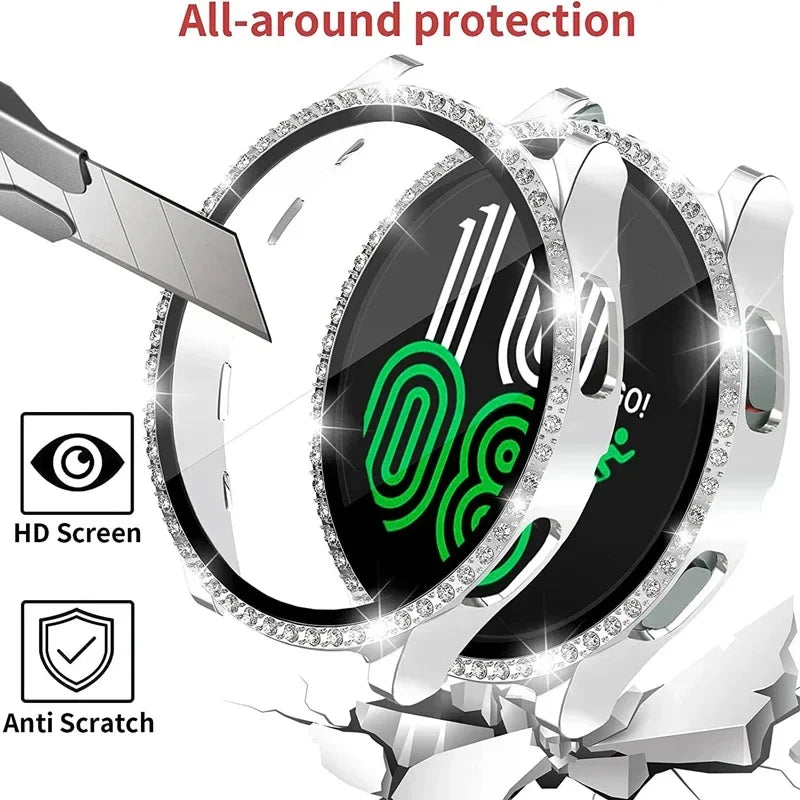 Bling Case+Bracelet for Samsung Galaxy Watch 6 5 4 40mm 44mm Metal Cowboy Chain Strap Screen protector Galaxy Watch 4 5 6 Band Qme