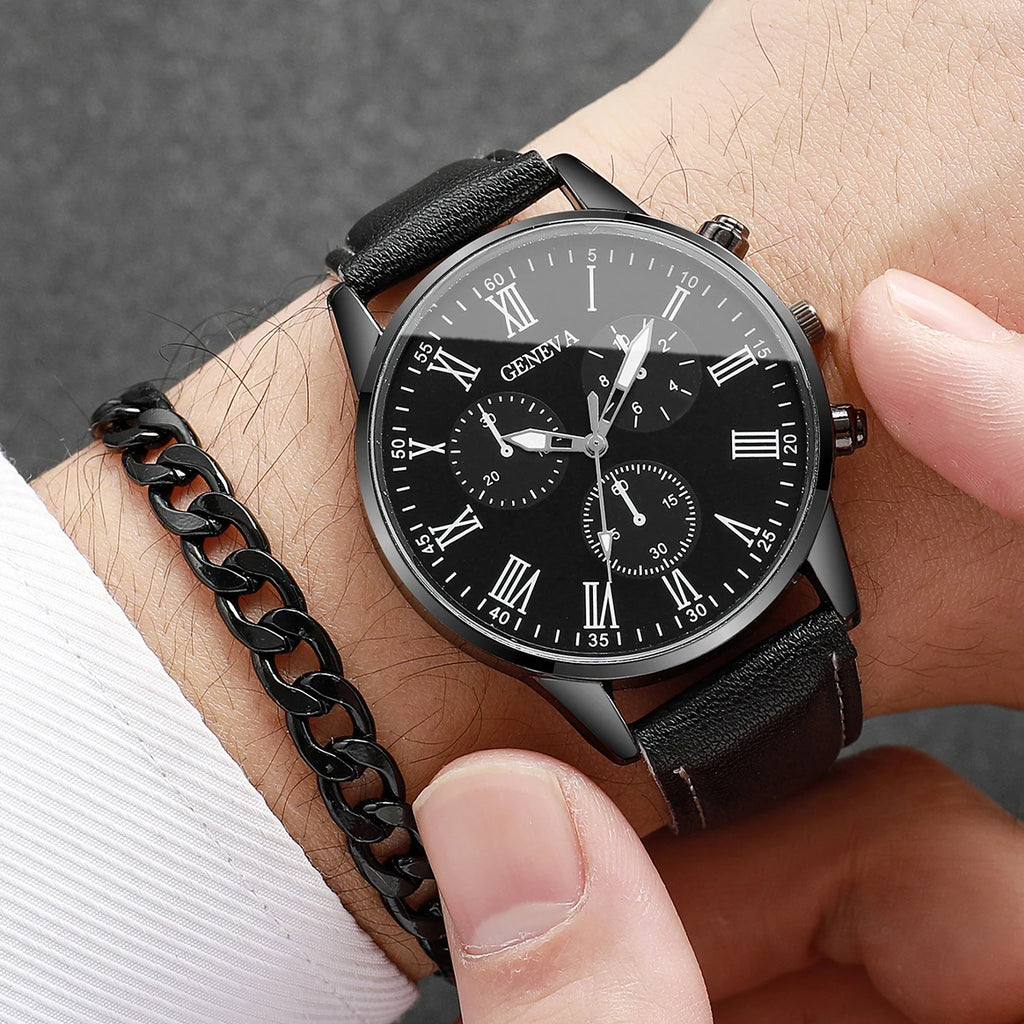 4 Pcs/Set Men's Fashion Casual Business Watches Analog Leather Bracelet Quartz Watch for Man Gift Jewelry Set (Without Box) Qme