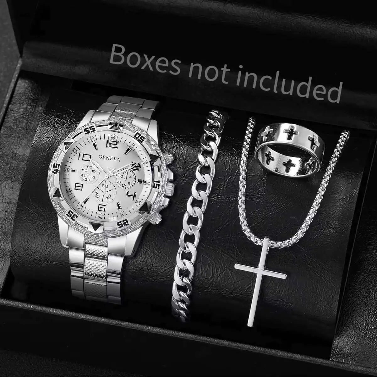 4PCS Large dial men's steel strap watch fashionable business white light glass digital quartz watch set Qme Silver White No Box
