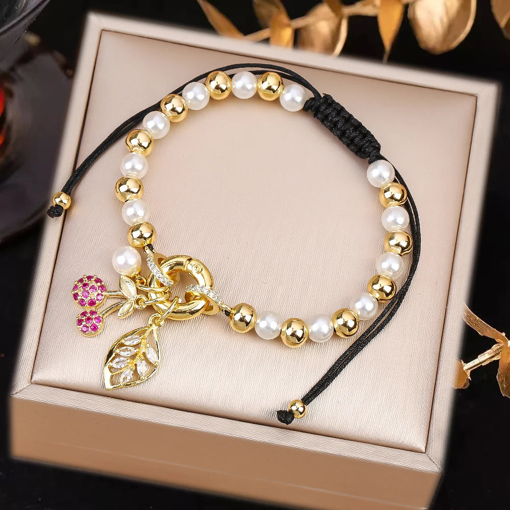 High Quality Pearl Chain Braided Crystal Cherry Adjustable Rope Bracelet Charming For Woman Girl Party Jewelry Gift Daily Wear Qme L