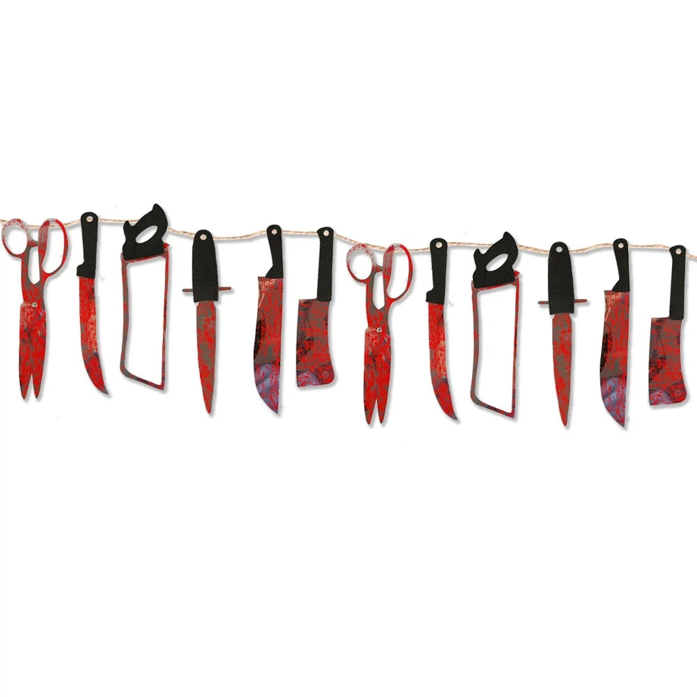 12Pcs Halloween Fake Blood Knife Garland Plastic Bloody Knife Banner Haunted House Horror Hanging Party Wall Decoration Props Qme Red