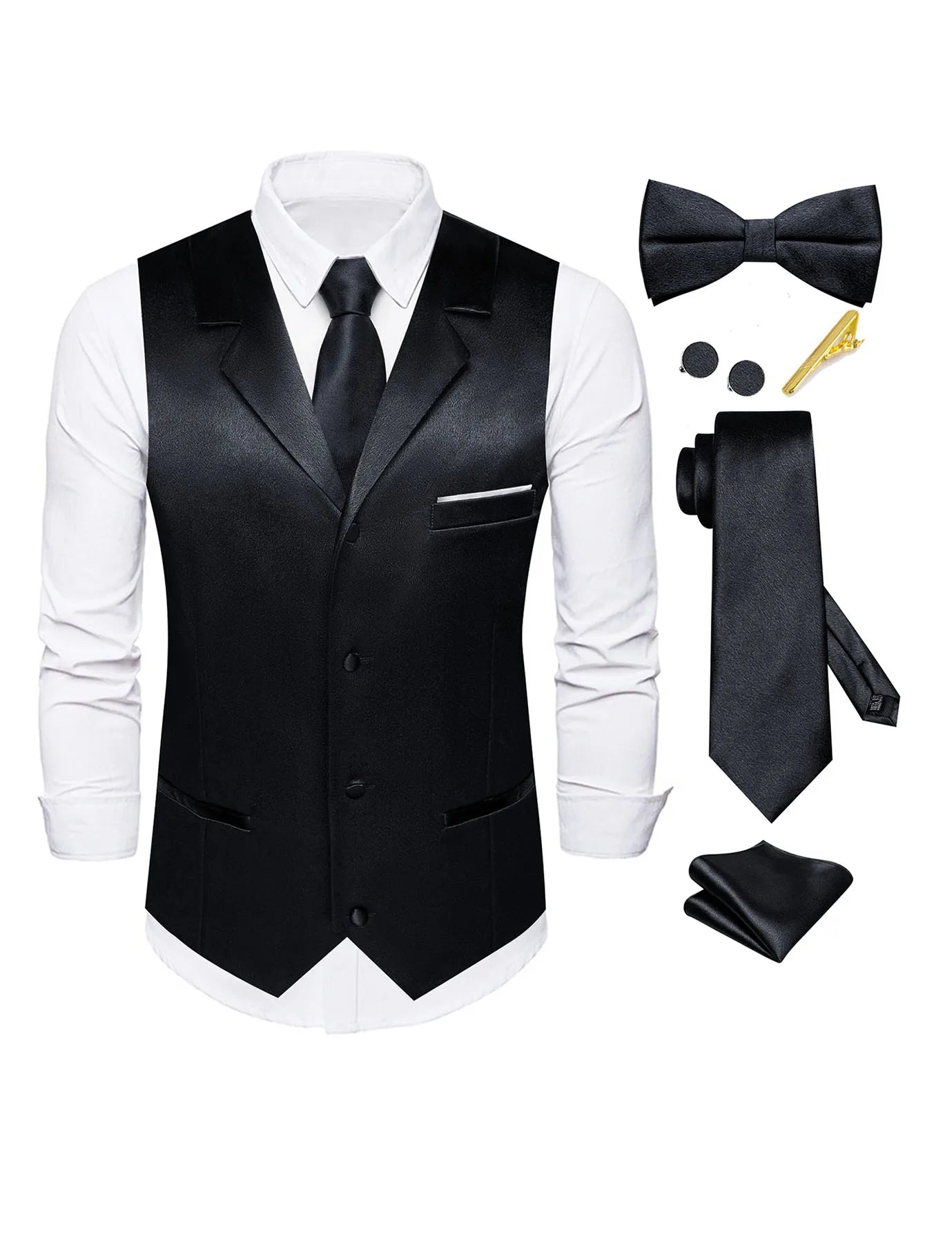 Men's Satin Vest Tie Hanky Cufflinks Bowtie Clip Formal Waistcoat Qme MJTZ3130-DPTLJ01 XXXL