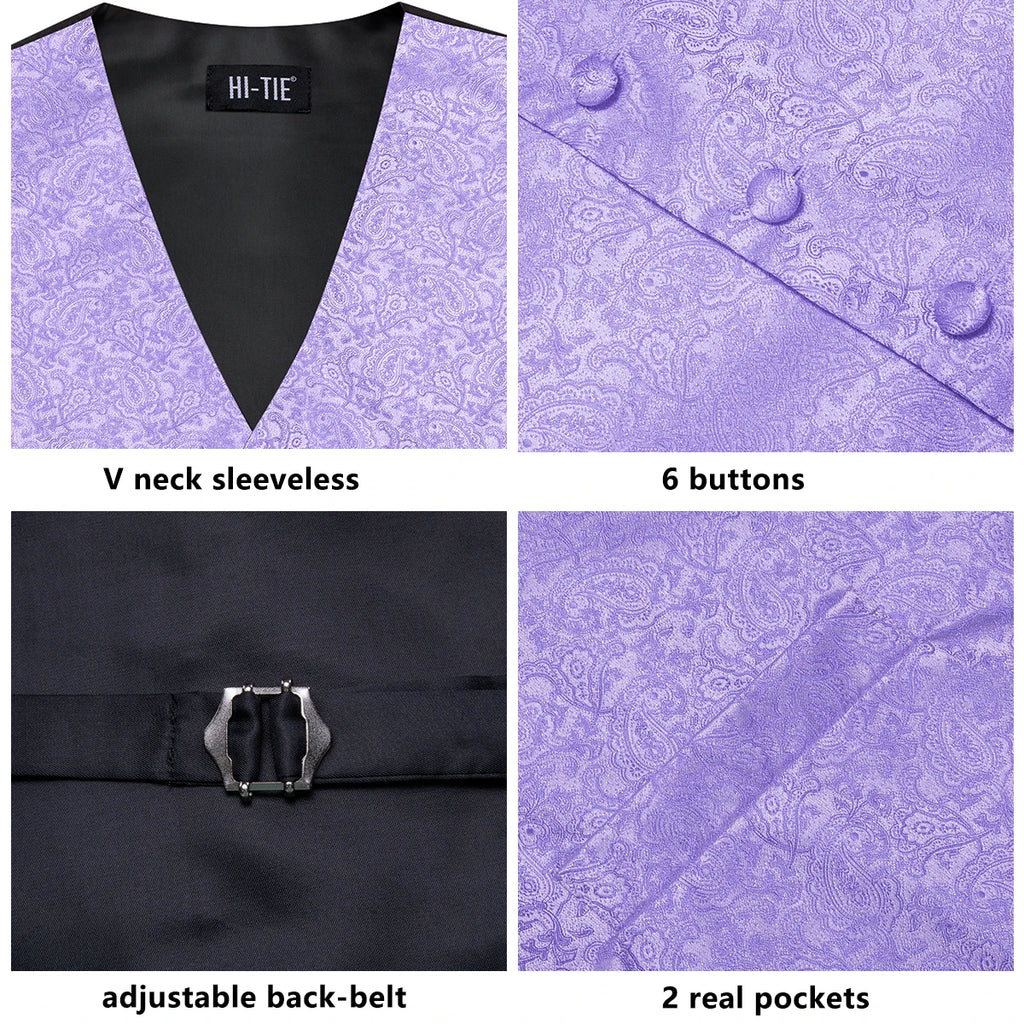 Mens Suit Purple Sky Blue Vest Tie Hanky Cufflinks Set Floral Paisley Waistcoat Sleeveless Jacket Necktie for Wedding Busniess Qme