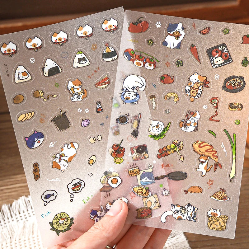 8Sheets Adorable Pets and Food Theme PET Stickers Precision Cut for Scrapbooking Journaling Decorate Phone Case Laptop DIY Qme