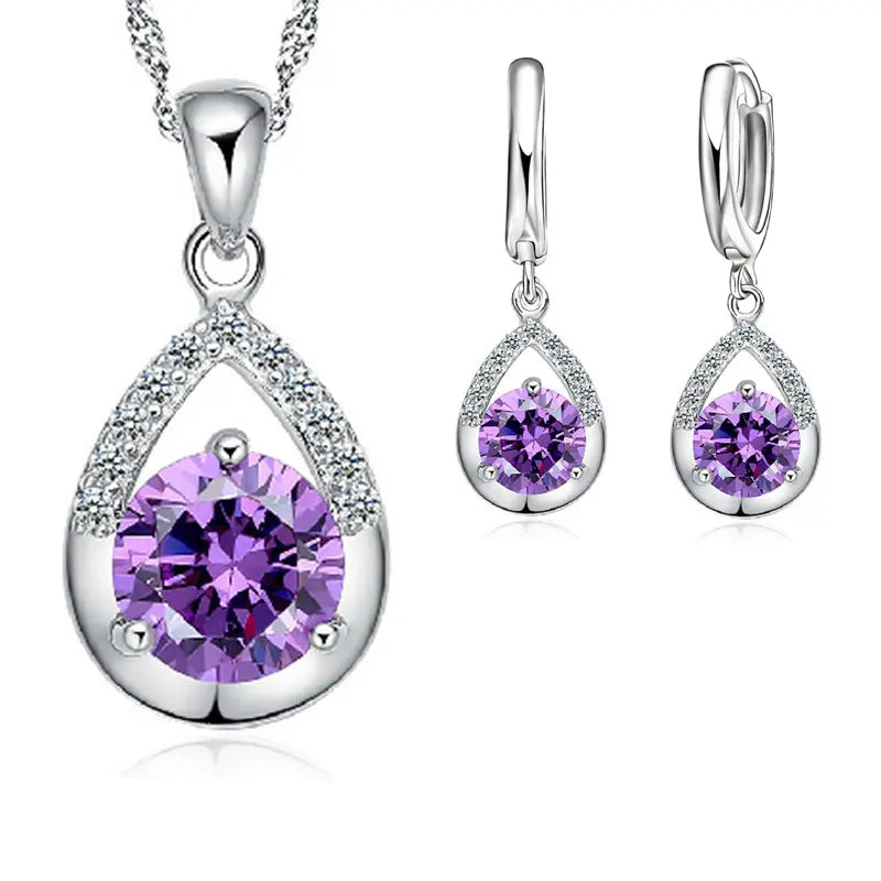 Hot Sale Bridal Jewelry Sets 925 Sterling Silver Color Crystal Water Drop Necklaces Hoop Earrings Women Party Engagement Qme