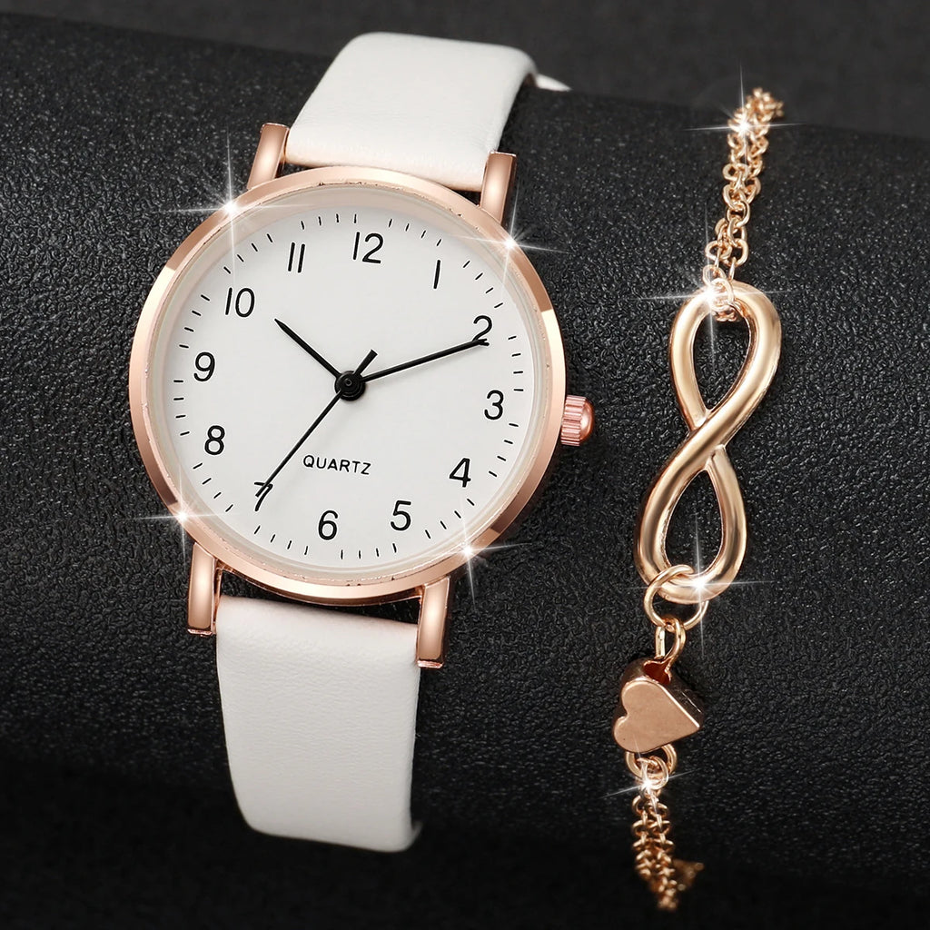 2Pcs Infinity Heart Watch Bracelet Set Women White Leather Round Dial Quartz Wristwatch Rose Gold Charm Bracelet Jewelry Gift Qme