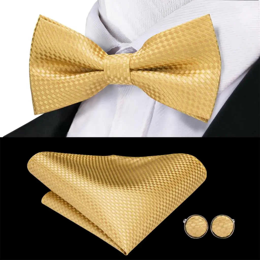 Beige Champagne Gold Mens Bow Tie Hanky Cufflinks Set Jacquard Floral Pre Tied Butterfly Bowtie for Male Wedding silk Business Qme LDLH0745