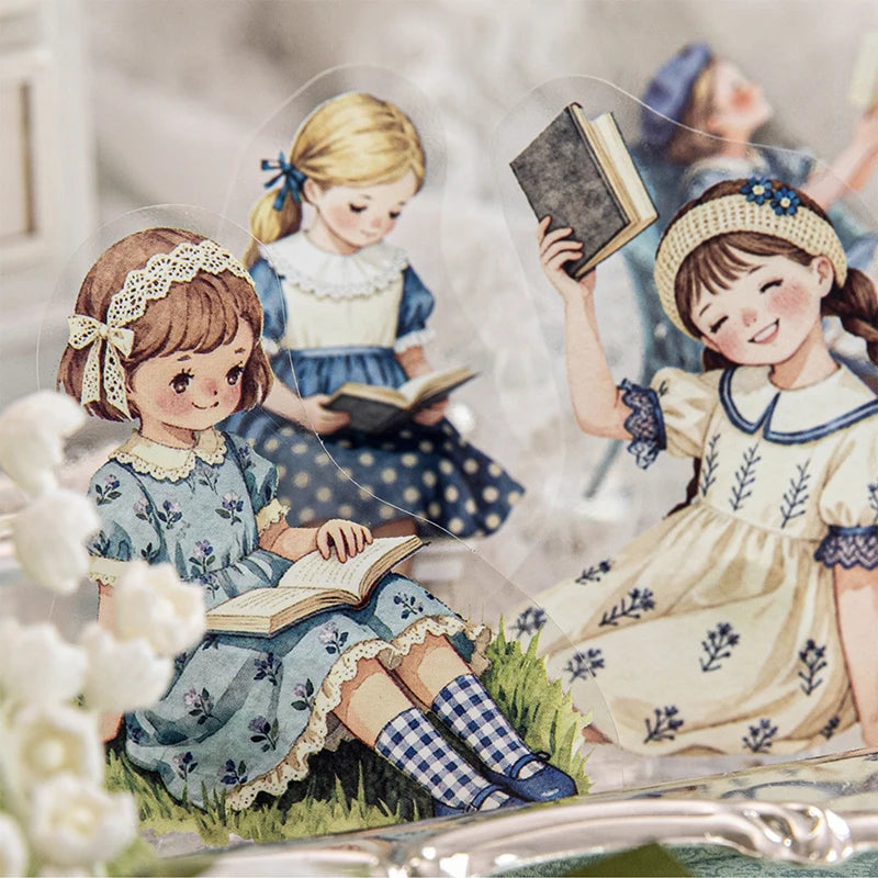 European Vintage Girl Reading Sticker Book, Artistic Decor Material for Journal Collage, High-Value Creative Supply Qme