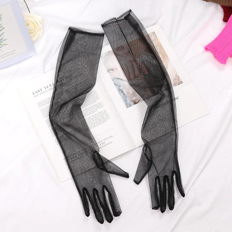 Long Sheer Tulle Gloves Ultra Thin Stretchy Full Finger Mittens Mesh Qme