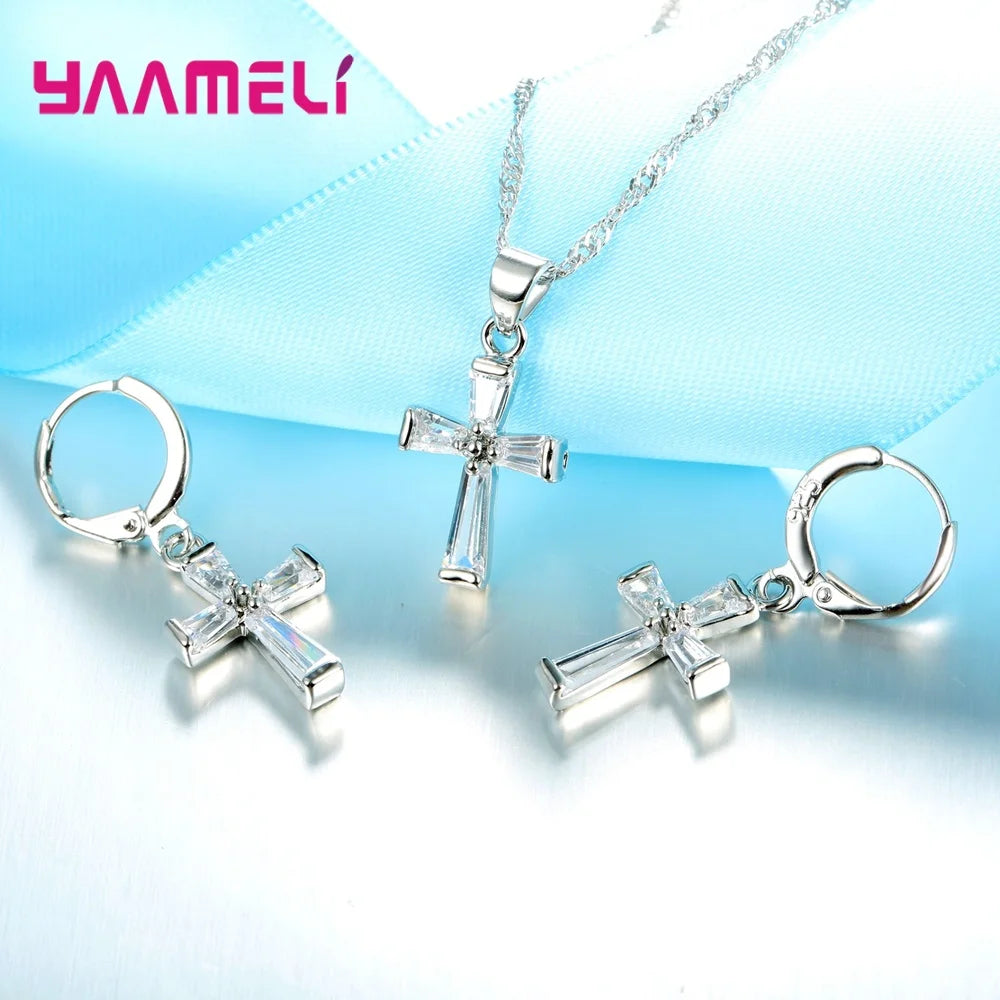 S925 Sterling Silver Color Jewelry Set Trendy Cross Cubic Zircon Necklace Earrings Chain Pendant for Women Nice Gift Qme