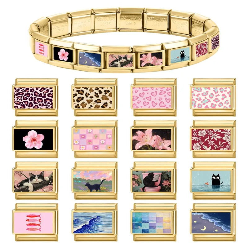 Wholesale Gold leaf Leopard Print Fish Cat Grassland Sea Charm Italian Links 9mm Stainless Steel Bracelet Women DIY Jewelry Gift Qme
