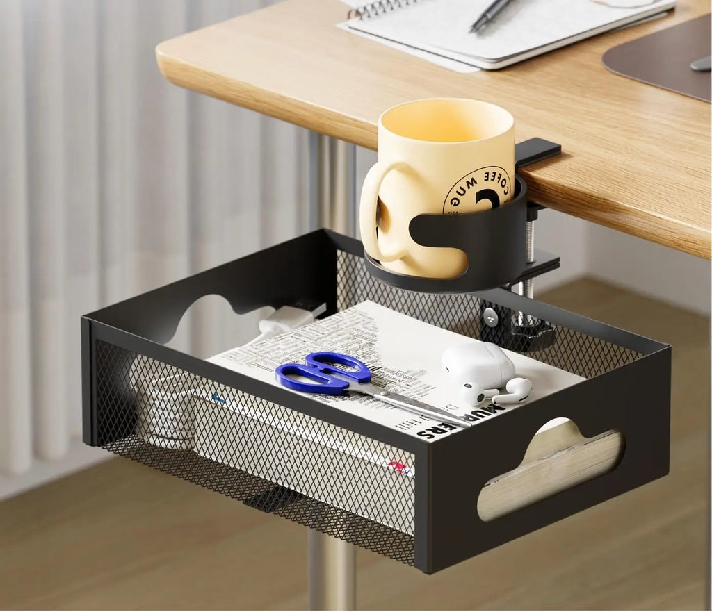 360° Rotary Under Desk Drawer With Cup Holder, 2 in 1 Anti-Spill Cup Holder & Storage Rack, Punch Free Metal Storage Box Qme Default Title