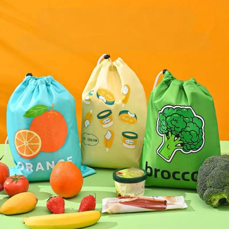 1 Drawstring Oranges Broccoli Ice Cream Storage Bag Reusable Fruit Qme