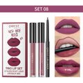 QIBEST Matte Liquid Lipstick&Lip Liner&Lip Gloss 3Pcs Sets Long Lasting Non-stick Cup Red Black Purple Lip Tint Cosmetics Kits Qme 08