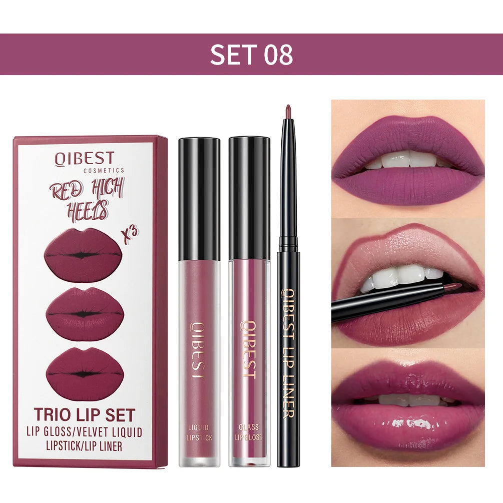 QIBEST Matte Liquid Lipstick&Lip Liner&Lip Gloss 3Pcs Sets Long Lasting Non-stick Cup Red Black Purple Lip Tint Cosmetics Kits Qme 08