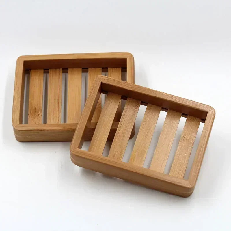 Portable Wooden Natural Bamboo Soap Dishes Tray Holder Storage Rack Qme