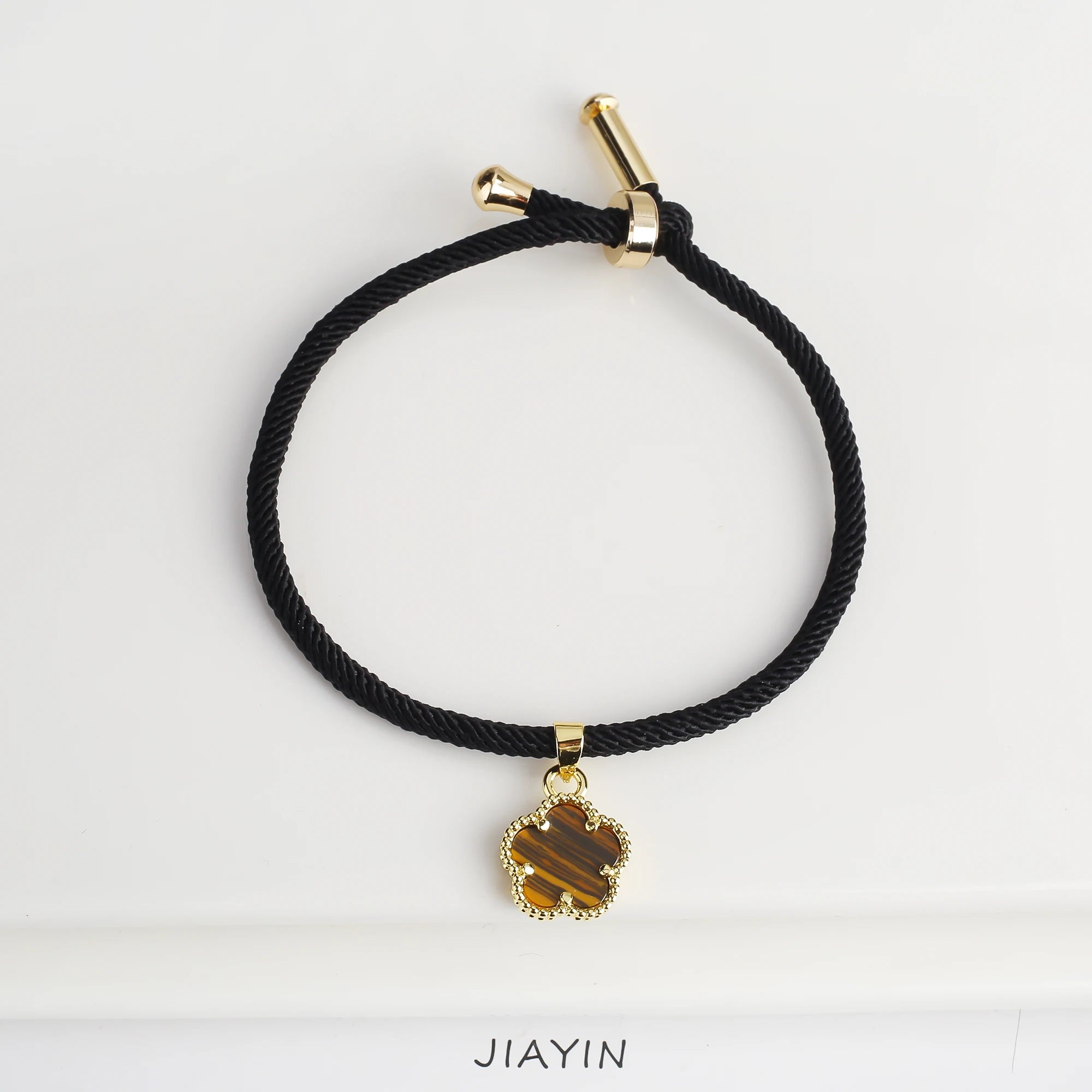 Simple Black Rope Braided Natural Stone Five Leaf Flower Bracelet Classic for Woman Girl High Quality Party Jewelry Gift Clover Qme Tiger Eye