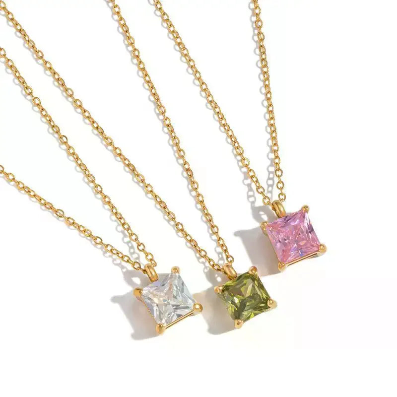 Minimalist Stainless Steel Pendant Necklace Square Colorful Zircon Jewelry for Work Business Casual Outfit Qme