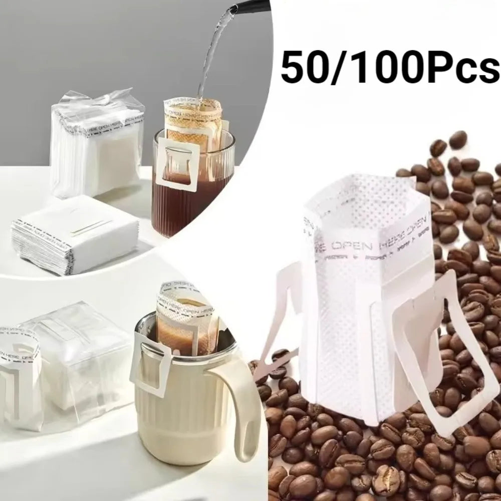 50 Disposable Coffee Filter Bags Drip Paper Hanging Ears Portable Qme