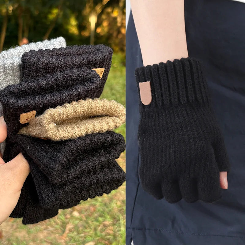 Black Winter Thick Elastic Knitted Gloves Warm Writting Office Cycling Fingerless Glove for Men Women Touchscreen Work Gloves Qme