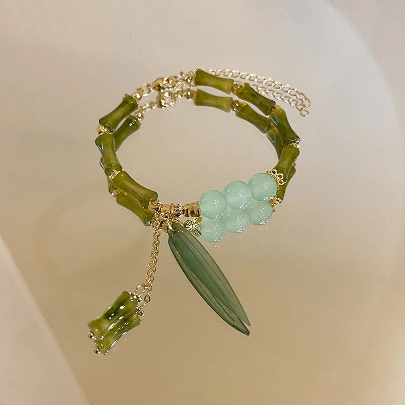 Exquisite Palace Imitation Jade Chilly Sense Chinese Style Sweet Bamboo Joint Orchid Bracelet for Women Romantic Green Beaded Qme bamboo leaf 18cm