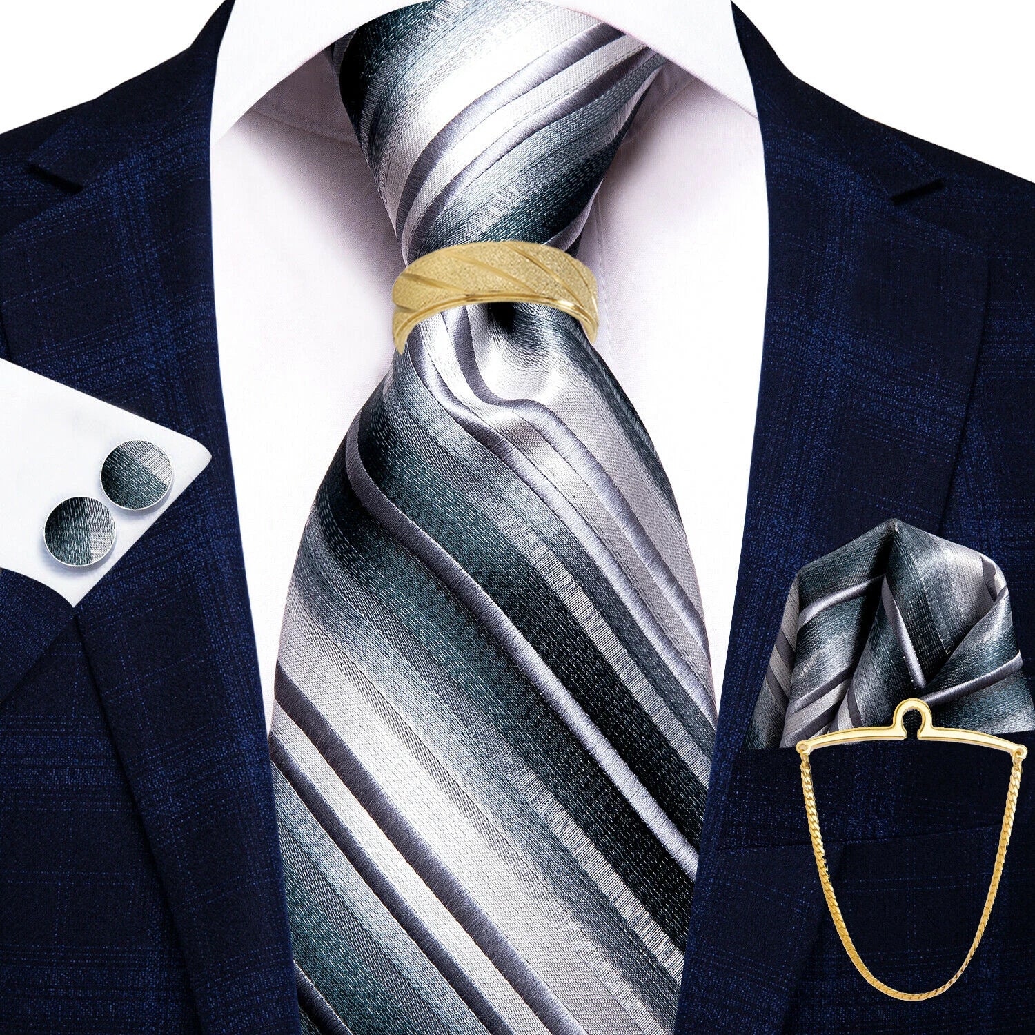 Hi-Tie 5PCS Mens Necktie With Hankie Cuffs Ring Chain-Gift Tie Set Fit Wedding Prom Office Fashion Design Quality Dropshipping Qme N-3361-DPTJ01-LZ01