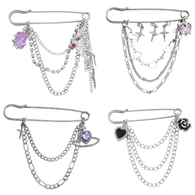 Women Men Brooch Suit Tassel Chain Lapel Pin Shirt Collar Brooch Badge Retro Pins Wedding Party Dance Neckwear Accessories Qme