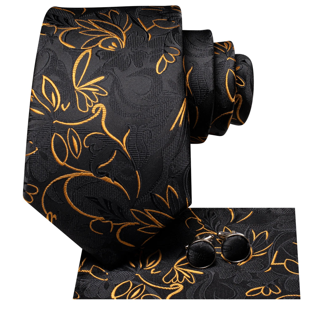 Hi-tie Luxury Box Black Gold Flower Pattern Tie Soft Men's Qme