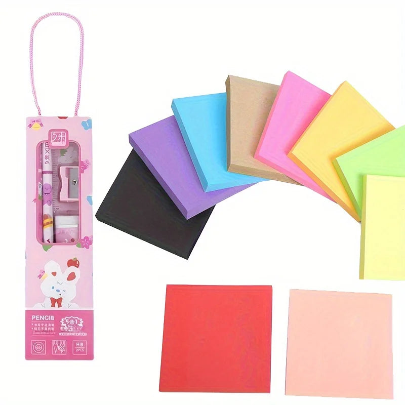 Learning Stationery Set, Birthday Gift 5-in-1 Pencil Set-Fluorescent Sticky Notes-Assorted Colors, Cute Office&School Memo Pads Qme
