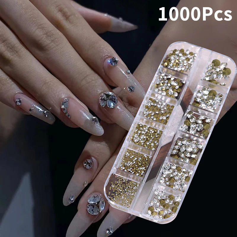 12 Grids Mixed Mini Nail Rhinestones Sharp Bottom Flash Art Crystal Qme