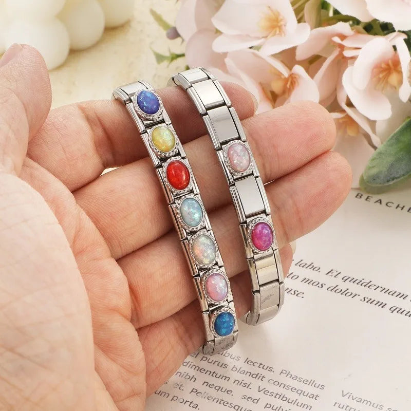 2026 Y2K Shiny Opal Gems Oval Bright Italian Charm Links Fit 9mm Stainless Steel Bracelet Women Jewelry DIY Making Dropshipping Qme