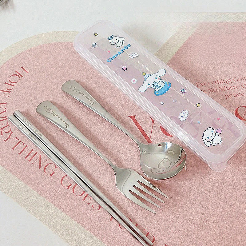 Kuromi Stainless Steel 3-Piece Portable Cutlery Set Cute Cartoon-Themed, Stylish Fork and Spoon Set Qme