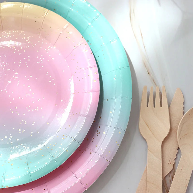 Rainbow Tableware Set for Birthday Party Decorations Rainbow Tableware Paper Plates Cups Napkins Tablecloth Dinner Disposable Qme