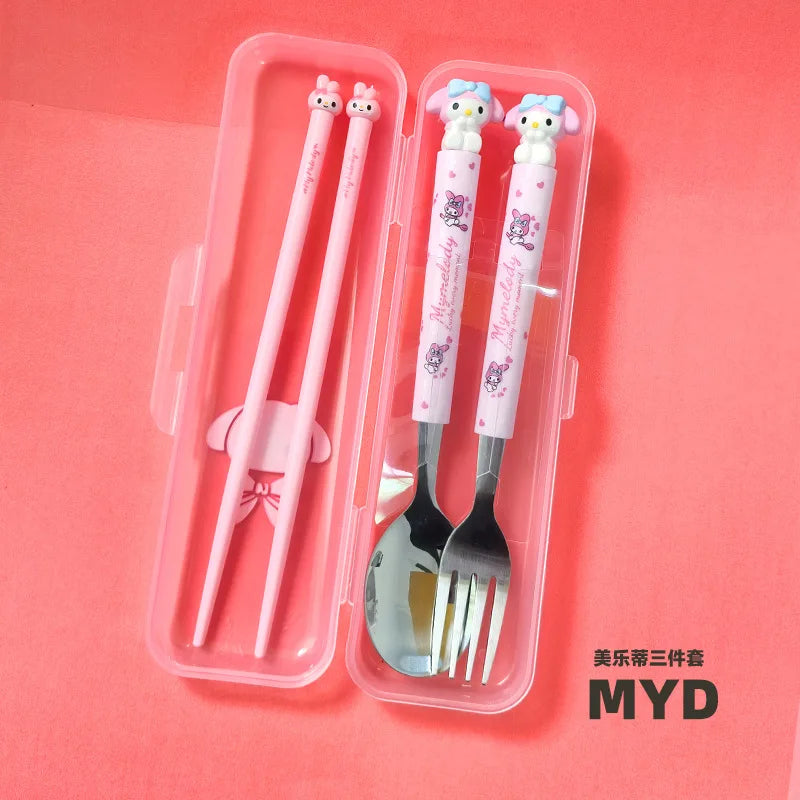 Hello Kitty Kuromi Cartoon Children's Tableware Spoon Portable Two-Piece Set for Students Stainless Steel Fork and Spoon Set Qme 6