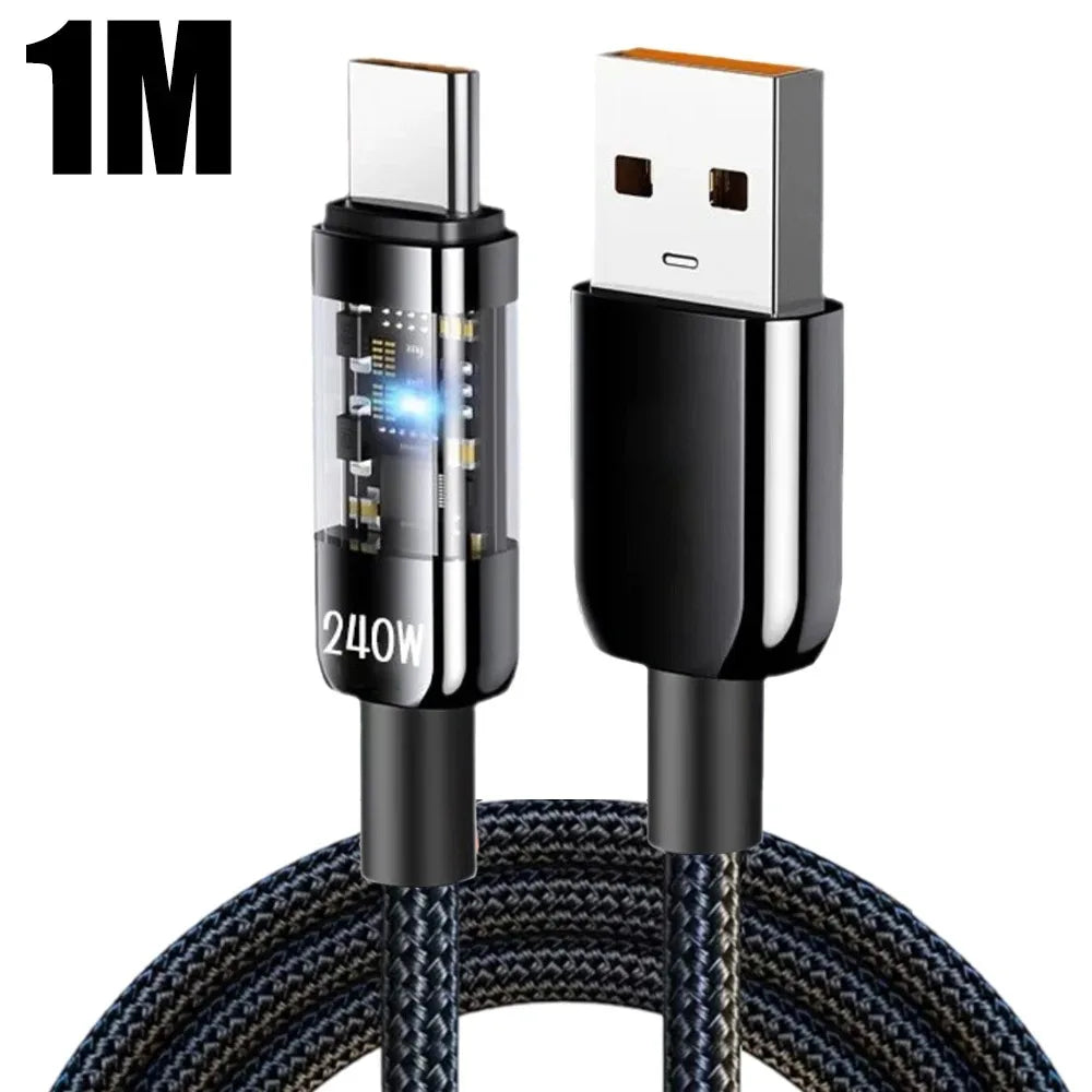 240W 10A Quick Charging USB C Cable Nylon Braided Transparent USB To Type C Quick Charge Data Cord for Samsung Huawei Data Line Qme 1m