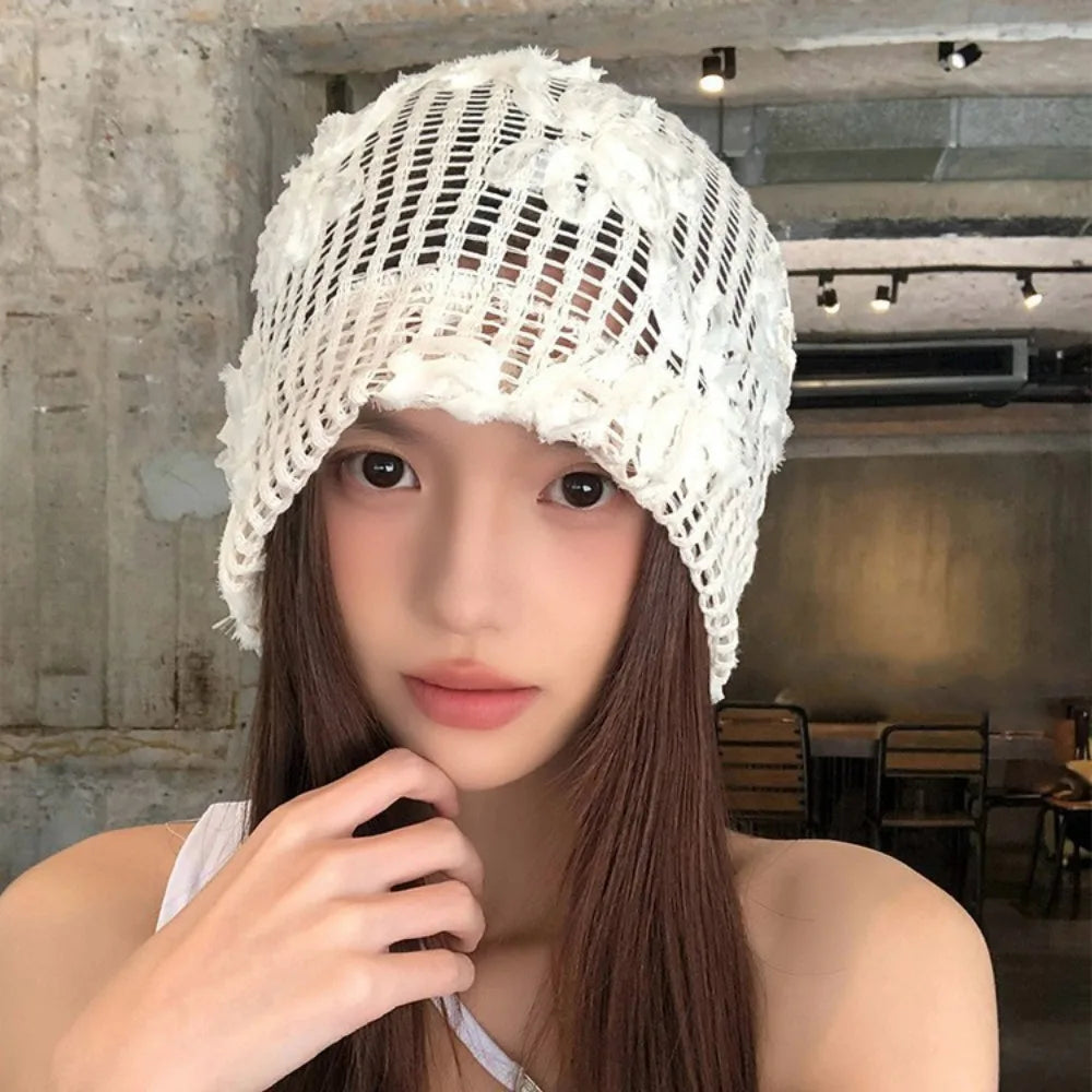 Retro Handmade Crochet Flower Hat Cute Thin Lace Beanies Korean Qme Style1 White