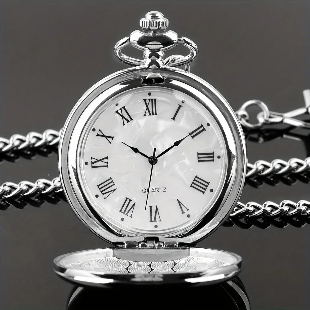 Smooth Steel Quartz Pocket Watch, Vintage Roman Number Dial Watch Qme