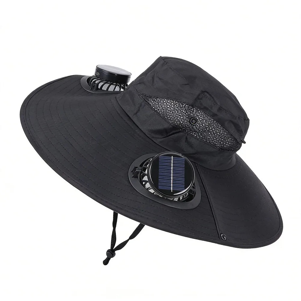 Convenient Dual Fan Solar Hat Breathable 3 Speeds Summer Visor Cap Qme Black Round